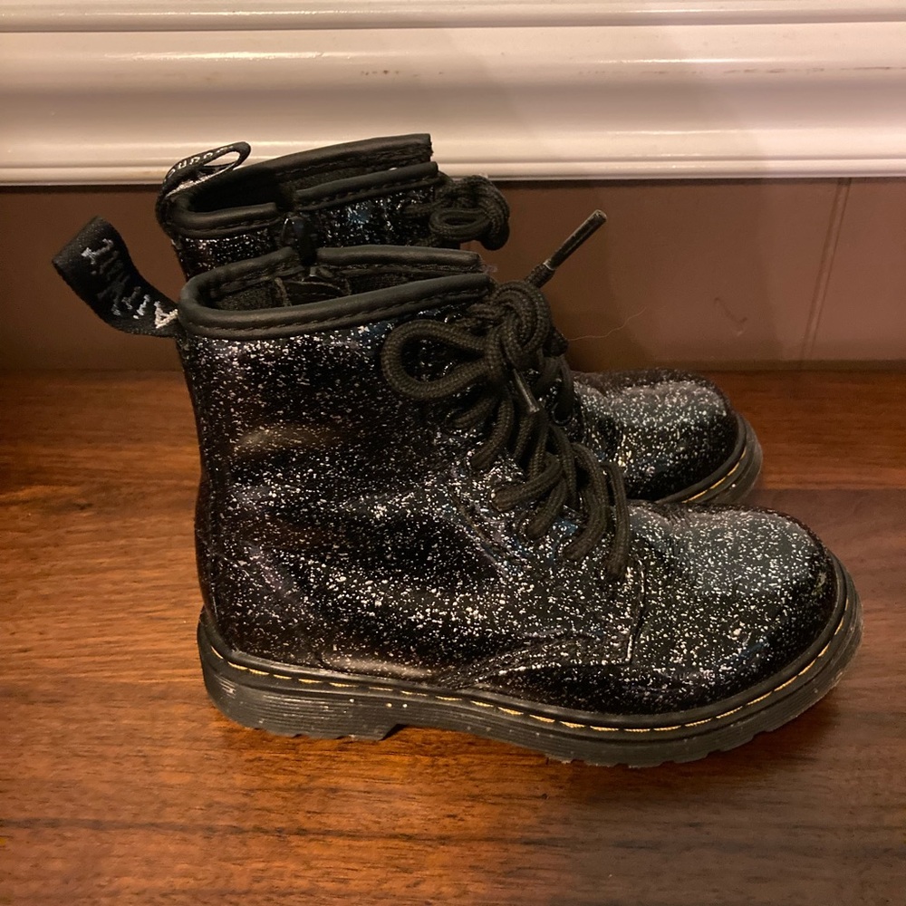 Black and Silver Glitter Lace Up Toddler Doc Martens Boots Size 11 T Like New
